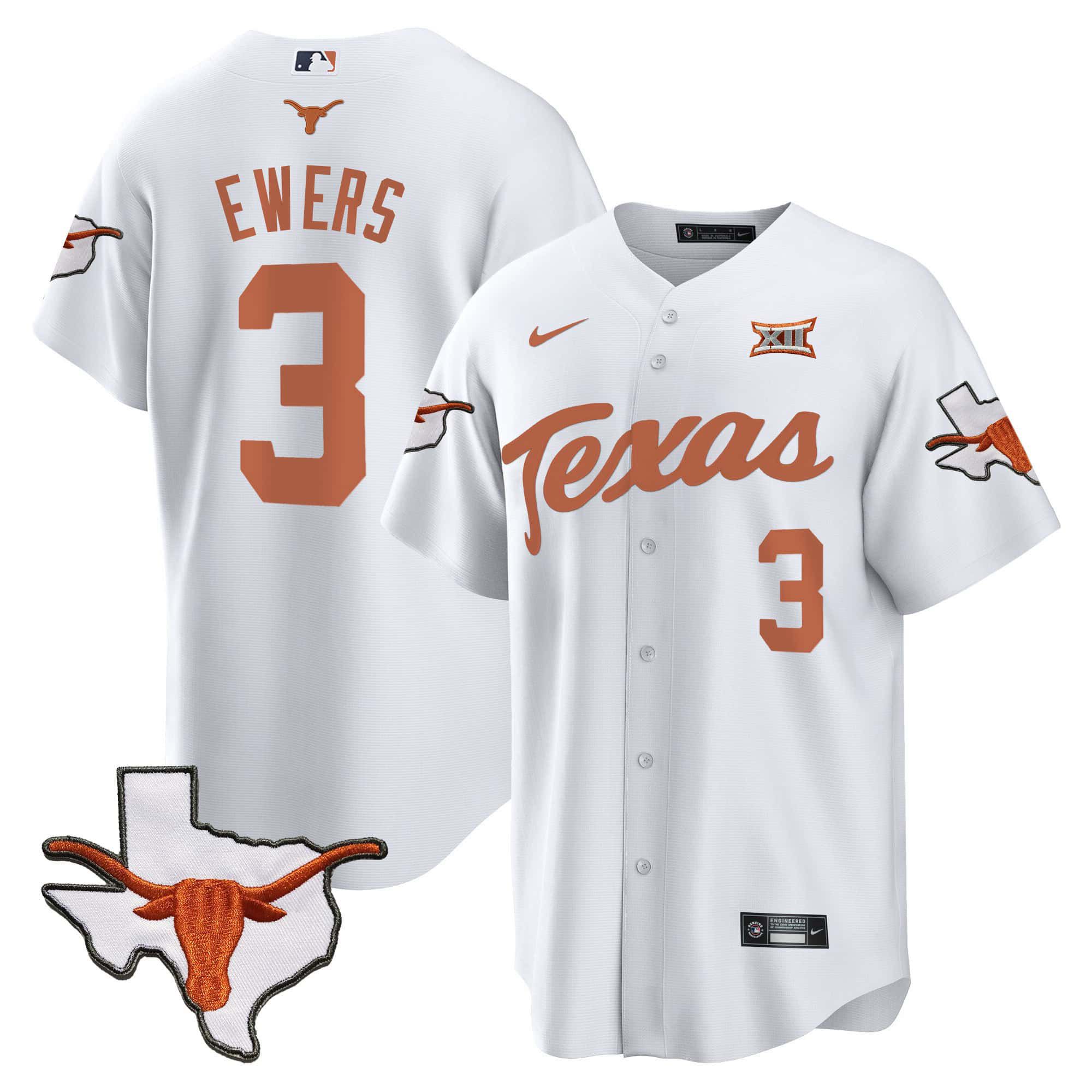 Men Texas Longhorns 3 Ewers White 2024 Baseball NCAA Jersey